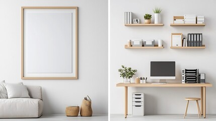 Fototapeta premium Minimalist and modern interior mockup featuring a wall poster in a living room setting along with a well organized and tech equipped office workspace showcasing a clean functional