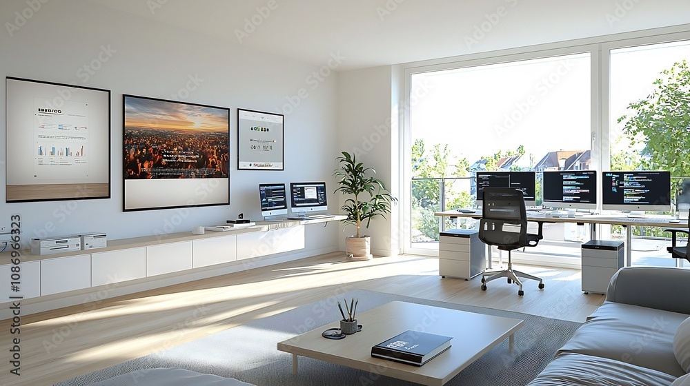 Aufkleber sleek and productive 3d rendered home office with poster mockup display featuring a modern workspace