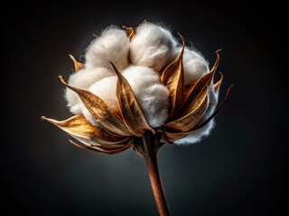 Closeup of a Dry Cotton Flower on Black Background: Elegant Food Photography Inspiration for Organic and Natural Aesthetic Displays