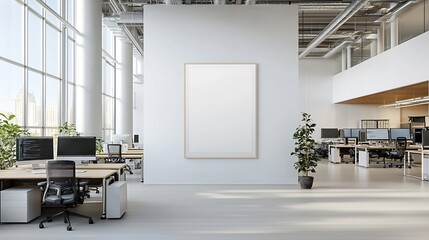 Fototapeta premium Minimalist 3D rendered living room with a poster mockup on the wall and a modern office workspace featuring multiple computer monitors and various equipment for a productive and creative digital