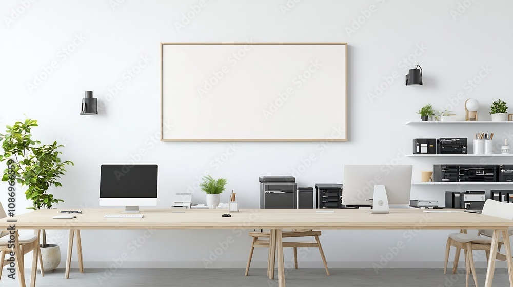 Aufkleber cozy living room with a clean organized home office workspace setup behind featuring a long table wi