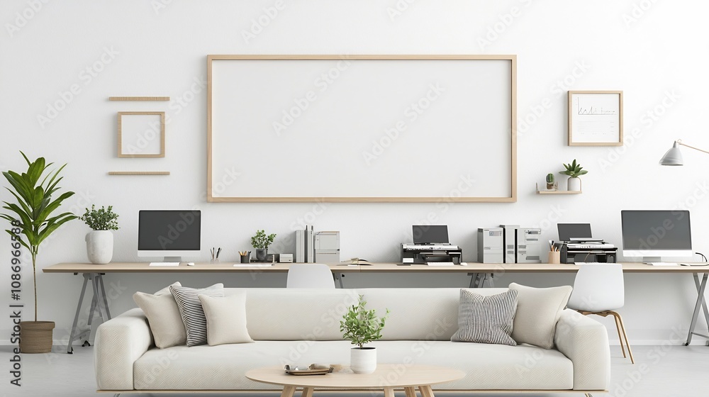 Aufkleber Cozy living room with a framed mockup showcasing an organized office workspace behind it featuring equipment and computers on a long table creating a clean and productive environment