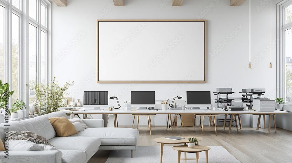 Poster Cozy living room space with a clean organized office workspace setup behind a frame mockup showing various equipment and computers on a long table in a modern minimalist interior design