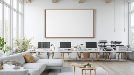 Cozy living room space with a clean organized office workspace setup behind a frame mockup showing various equipment and computers on a long table in a modern minimalist interior design