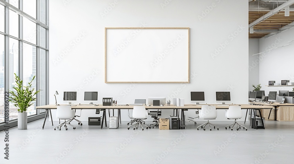 Poster minimalist frame mockup on wall in cozy modern living room paired with overhead view of long table w