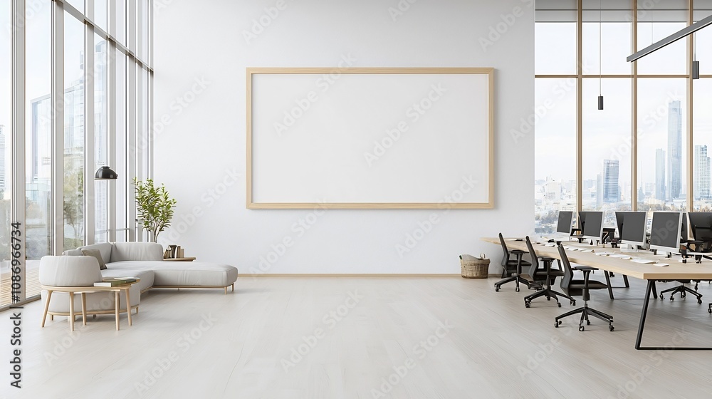 Poster minimalist frame mockup on wall in modern living room with aerial view of long table with computers 