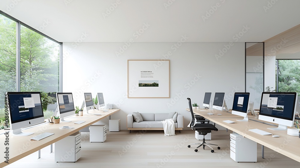 Poster Sleek and Contemporary Living Room Featuring a Wall Poster Mockup Alongside a Clean and Minimalist Office Space with Multiple Computers Set Up on Long Desks
