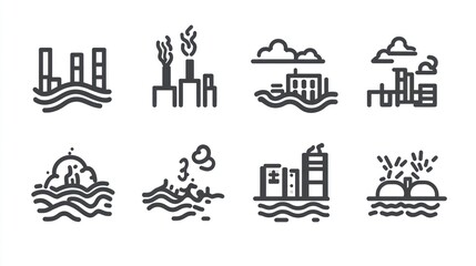 Cityscape Icons Depicting Rising Sea Levels and Climate Change