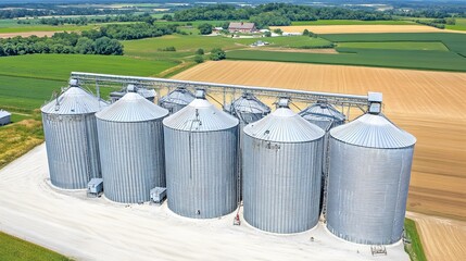 Grain silos standing tall amidst vast farmland, symbolizing the backbone of agricultural sustenance and the enduring cycle of rural life.