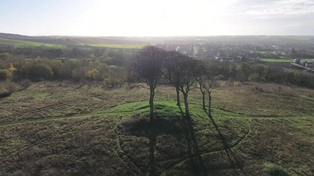 Aerial circling 6 lone trees on Ancient burial site. Wind turbines in distance. Seven Sisters - Houghton-le-Spring, UK
