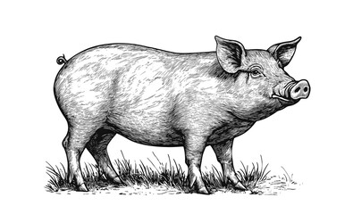 Fototapeta premium Pig, hog, boar. Vintage retro print, black white pig sketch ink pencil style drawing, linear drawing, engrave old school. Sketch artwork silhouette pig, hog, boar. Side view profile. Illustration