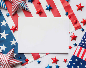 Obraz premium Star-Spangled Patriotic Mockup with Blank Card and USA Flags – Ideal for Independence Day Party Invitations or Memorial Day Announcements
