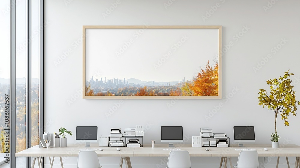 Aufkleber aerial view of a modern organized office workspace featuring a frame mockup displayed on a living ro