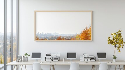 Aerial view of a modern organized office workspace featuring a frame mockup displayed on a living room wall  The setup includes neatly arranged computers on a long table