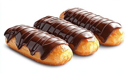Delicious handcrafted eclairs with glossy chocolate glaze coffee shop dessert photography bright environment close-up view gourmet concept