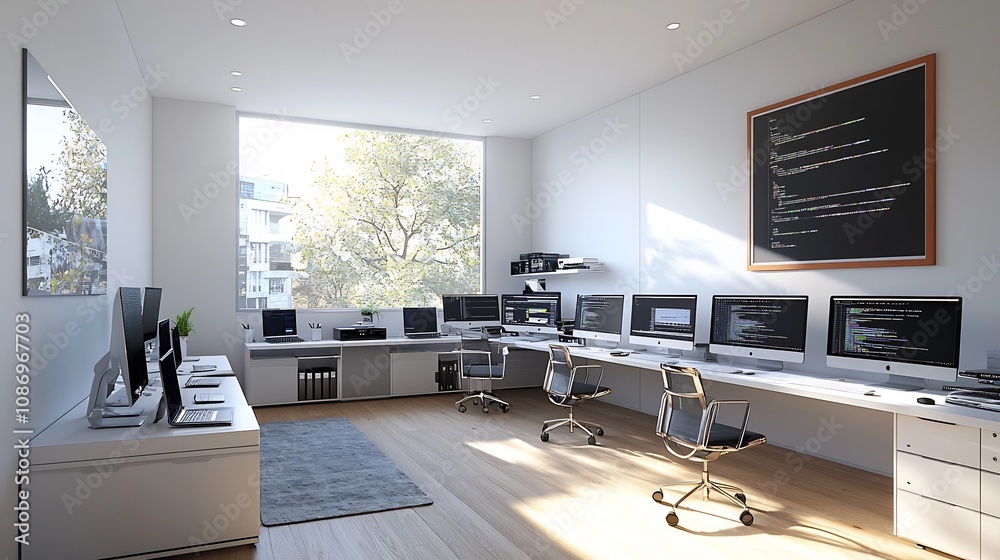 Fototapete organized 3d rendered living room with multi computer office setup featuring a long desk with multip