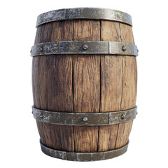 Fototapeta premium Rustic Wooden Barrel with Metal Bands on transparent Background