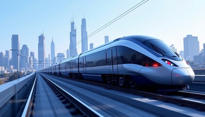 Fototapeta premium High-speed train on elevated track with city skyline background