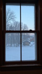 Fototapeta premium Frosted window view of snowy landscape with trees and distant cabin in winter