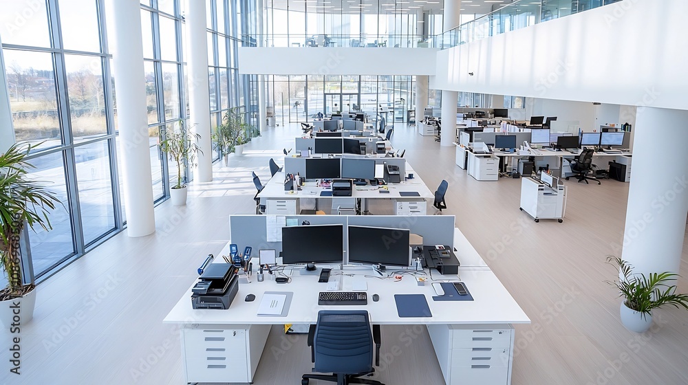 Leinwandbilder overhead view of a spacious minimalist office workspace with computers electronics and other equipme
