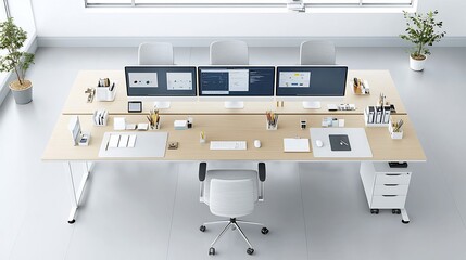 Aerial shot showcasing a clean organized desk setup with multiple monitors and essential office supplies arranged neatly on a long table in a contemporary minimalist workspace