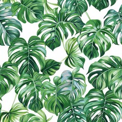 Lush Green Tropical Leaves Seamless Pattern on a White Background, Vibrant Green Foliage Design