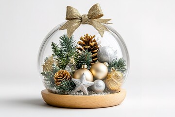 A large gold and silver glass ball garland with green Christmas decorations on top of it