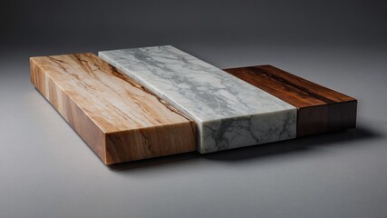 Marble and wood display on gray gradient background