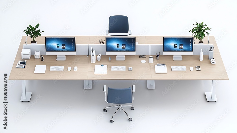 Poster Aerial view of a sleek and organized modern office workspace with multiple computers tech devices and neatly arranged accessories on a long minimalist desk
