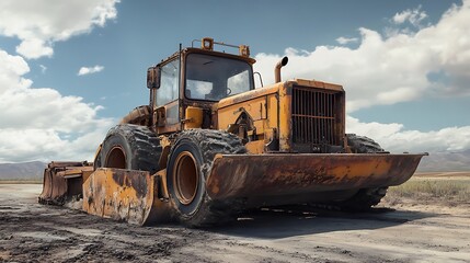 Grader leveling landfill on construction site before kick off project