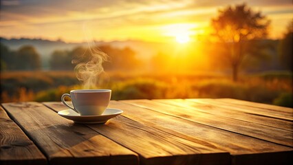 A steaming cup of morning beverage rests on a rustic wooden table, bathed in the warm golden light of a sunrise over a tranquil landscape.
