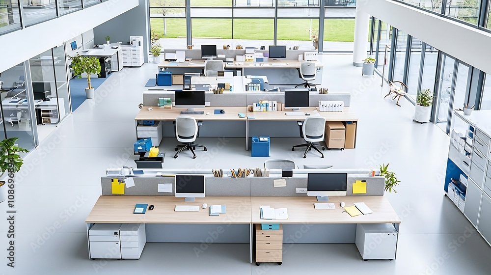 Leinwandbilder overhead aerial view of a spacious office workspace with neatly organized computers desks and office