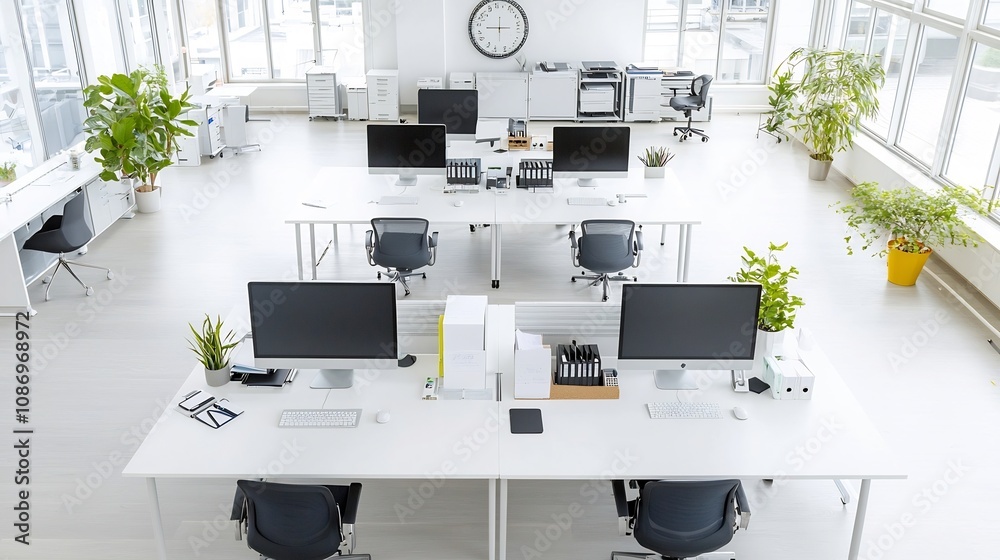 Fototapete Overhead view of a clean organized workspace with multiple computer monitors keyboards and various office equipment neatly arranged on a long table in an open office environment