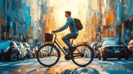 Fototapeta premium Urban Cyclist Riding Through a Bustling City Street at Sunset with Vibrant Colors and Modern Buildings, Showcasing the Freedom of Urban Transportation