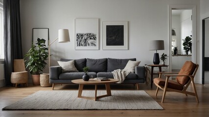 Fototapeta premium Modern scandinavian living room with cozy accents