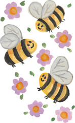 bees and flowers hand drawn watercolor illustration clipart