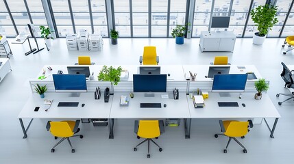 Overhead view of a clean and minimalist office workspace with a long table featuring neatly arranged technological equipment computers and office supplies