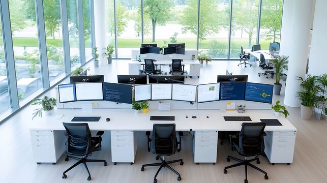 Aerial view of a clean and minimalist workstation setup with multiple computer monitors keyboard and other office equipment on a long desk in a contemporary and organized modern office interior