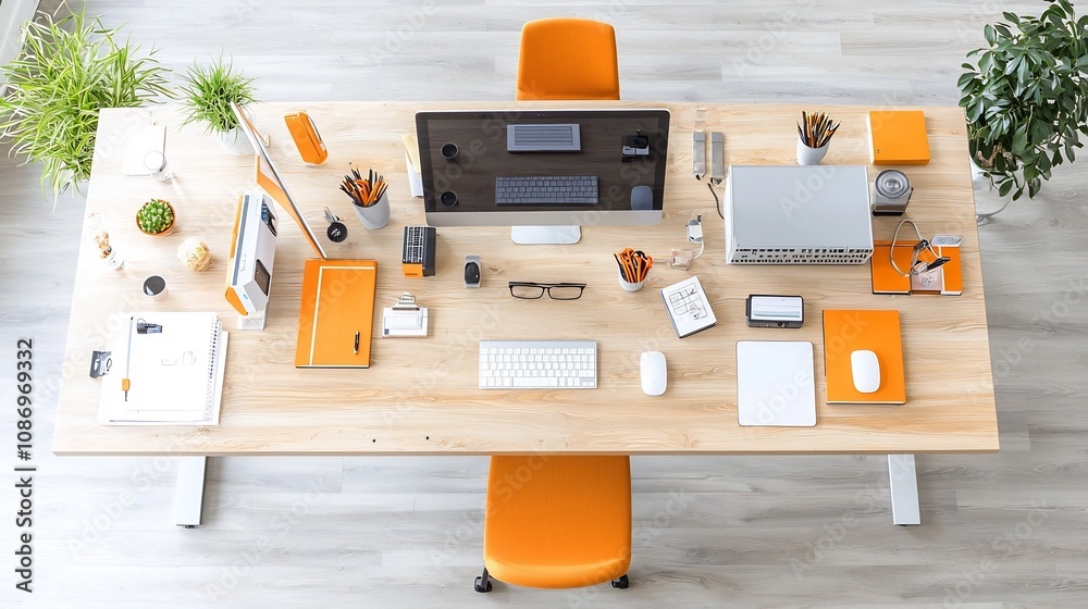 Poster overhead perspective of a meticulously organized and modern office workspace featuring a long table 
