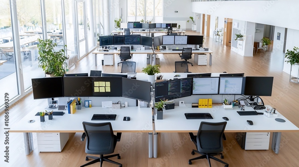 Poster overhead view of a spacious clean and professionally organized office workspace featuring a long des