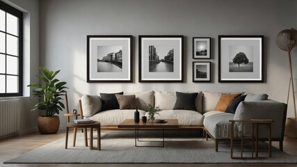 Modern wooden frames displayed on white wall