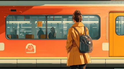 Woman in Yellow Coat Waiting for Train at Station with Passengers Reflected in Window of Brightly Colored Train Car in Urban Environment