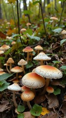 Close-up of various types of mushrooms growing in a dense forest during the fall season, vibrant