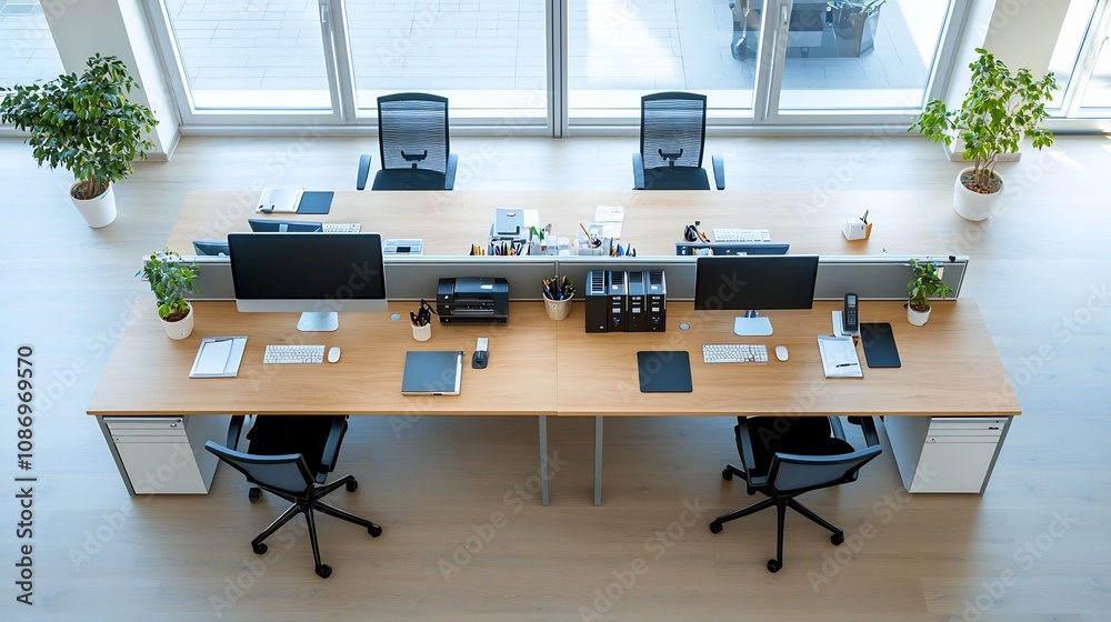 Leinwandbilder Aerial perspective of a clean and minimalist office desk with computers monitors and various equipment neatly arranged on a long wooden table showcasing a productive and organized workstation