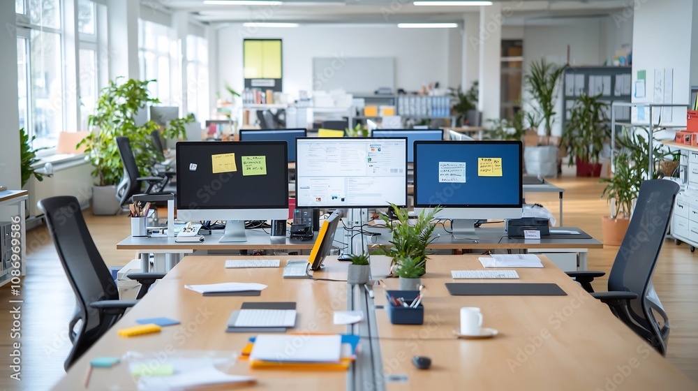 Fototapete aerial overhead view of a modern organized office workspace with a long table lined with multiple co