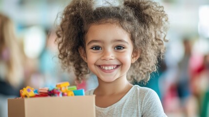 Cheerful Little Girl Holding a Box of Colorful Building Blocks Smiling Brightly in a Vibrant Playroom Filled with Joyful Children and Fun Activities