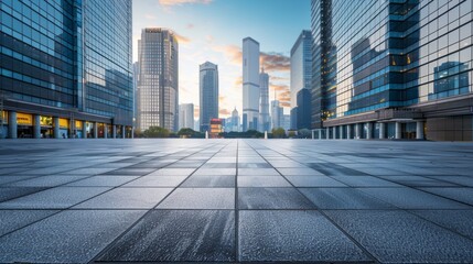 Fototapeta premium Empty square floor with city skyline background, Urban square with snowfall, winter cityscape
