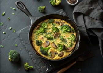 Broccoli and Mushroom Frittata in a Black Cast Iron Skillet on a Dark Surface &ndash; Delicious Savory Dish Photography