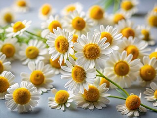 Obraz premium Collection of Isolated Chamomile Flowers on Light Gray Background - Beautiful Summer Blooms for Floral Designs and Medicinal Plant Illustrations
