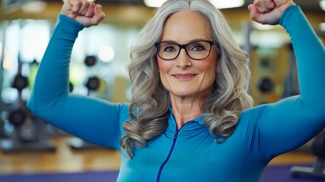 A woman with gray hair and glasses, wearing a blue workout top, proudly displays her biceps
